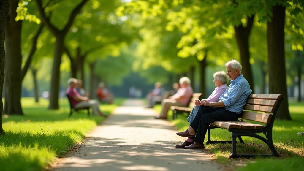 Jūrmalas parka atpūtas zona ar vairākiem soliņiem ēnā, kur sēž seniori un pauza atpūtas laikā