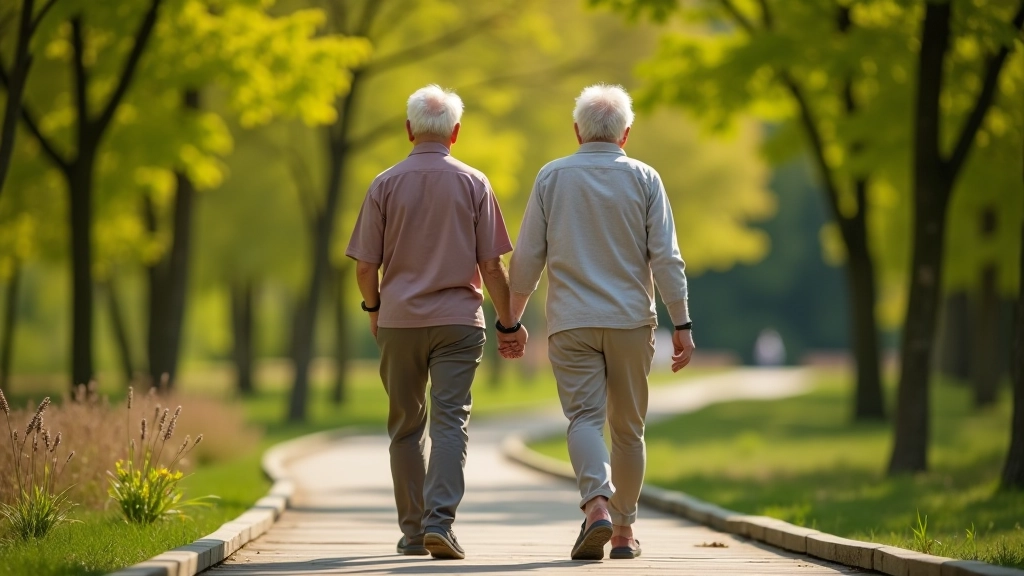 Seniori pastaigājas Jūrmalas parkā, rāpējot pa koka tiltu, mājīga atmosfēra, saulains laiks