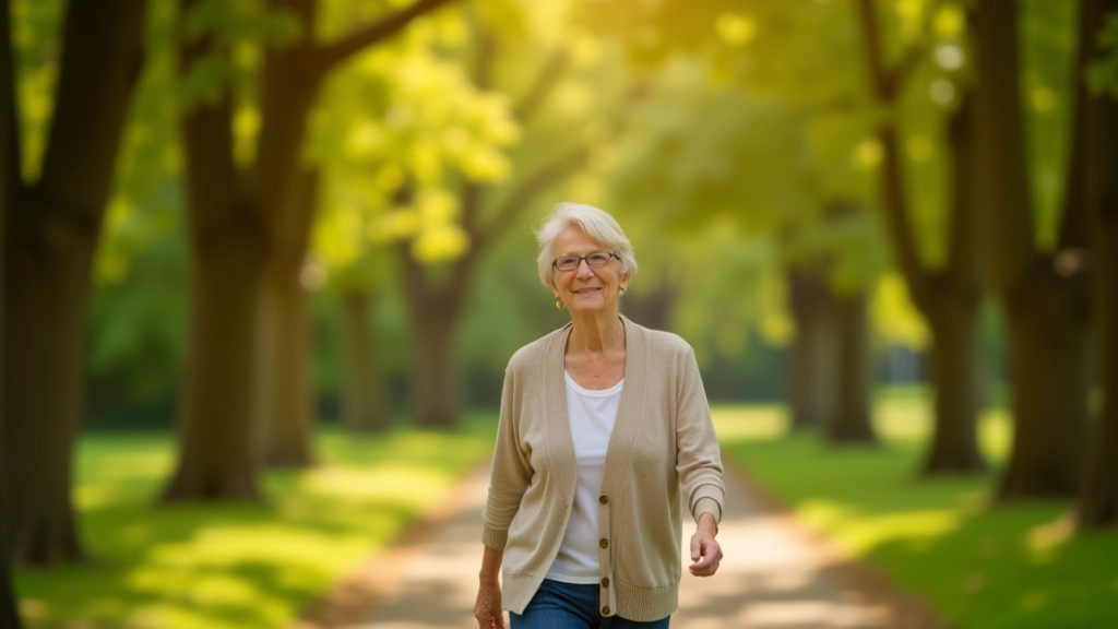 Senioru sieviete staigā pa skaistu Jūrmalas parka alejušķ vidū, saulains pavasara rīts